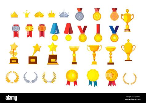 Trophies And Awards Vector Illustrations Set Golden Medals Cups