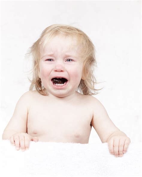 Portrait Of Emotional Tears Crying Baby Toddler Blond Stock Image