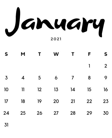 January 2021 Minimalist Calendar Printable Free Download