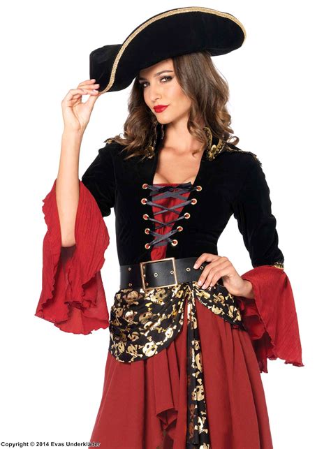 Female Pirate Captain Costume Dress Lacing Velvet Epaulette Skulls