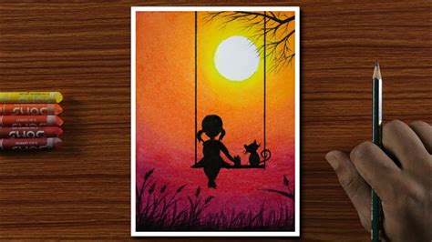 Drawing For Beginners With Oil Pastels Cute Girl On Swing Step By