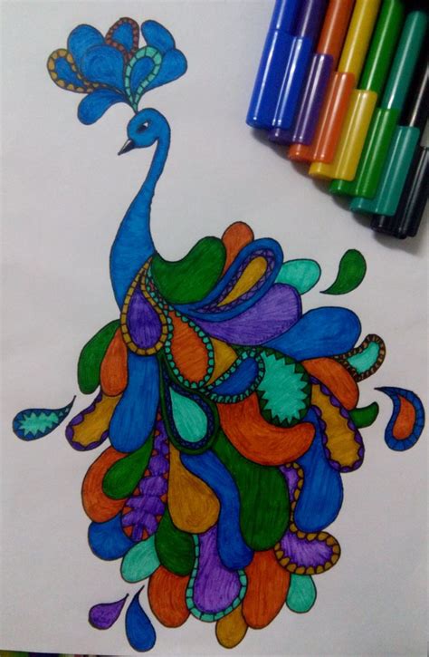 A Drawing Of A Peacock With Colored Pencils