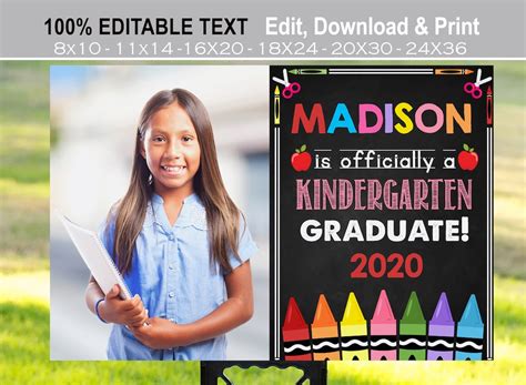 Editable Kindergarten Graduation Sign With Photo Girl Last Etsy