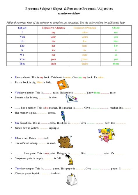 Possessive Pronouns Adjectives Exercise Worksheet Nouns