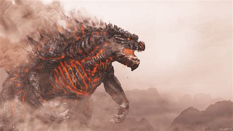Godzilla With Fire And Smoke With Background Of Mountain 4k 5k Hd