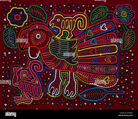 Mola Textile By Kuna Indian Artist Depicting A Bird With Monkeys From