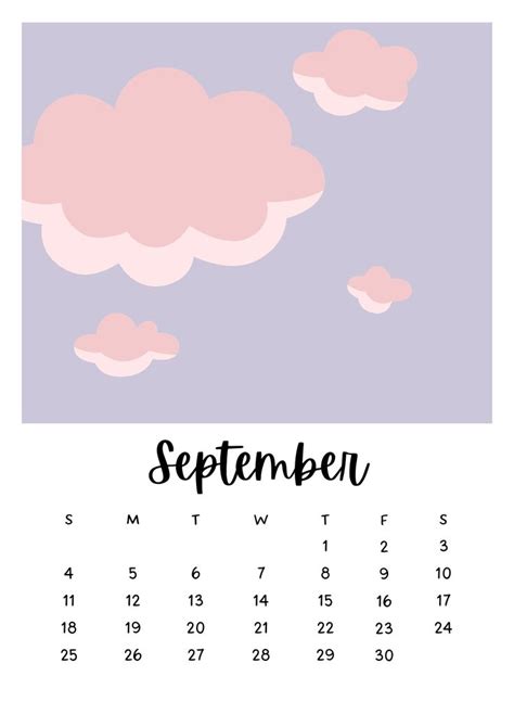 A Calendar For The Month Of September With Clouds In The Sky And Pink