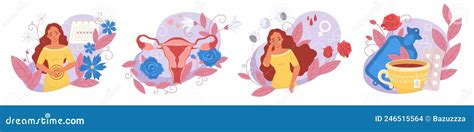 Female Health And Menstruation Vector Scene Set Stock Vector Illustration Of Medical Feminine