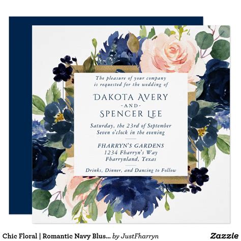 Chic Floral Romantic Navy Blush Wreath Wedding Invitation Blue And