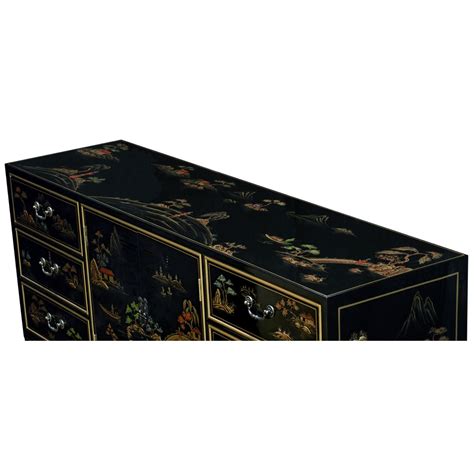 Black Lacquer Chinoiserie Scenery Motif Sideboard Chinoiserie