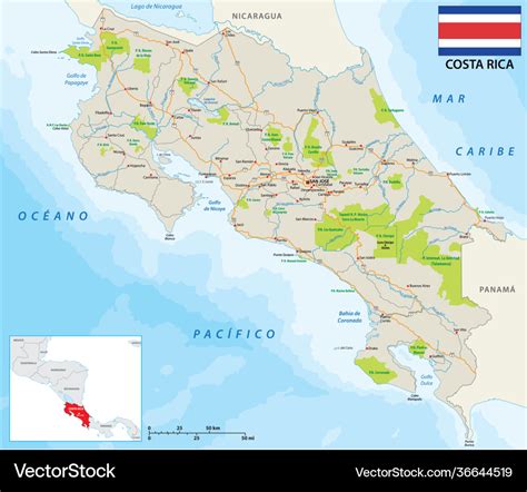 Costa Rica Road And National Park Map With Flag Vector Image
