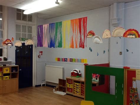 Amazing Hanging Mobiles In Nurserys Rainbow Themed Classroom