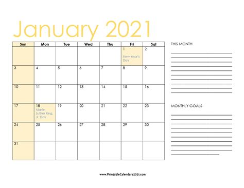 65 Printable Calendar January 2021 Holidays Portrait