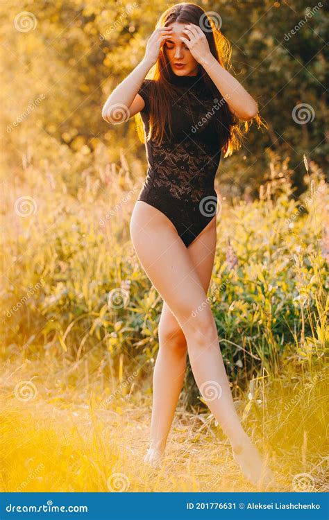 Brunette In Lace Black Bodysuit Posing In The Field At Sunset Stock
