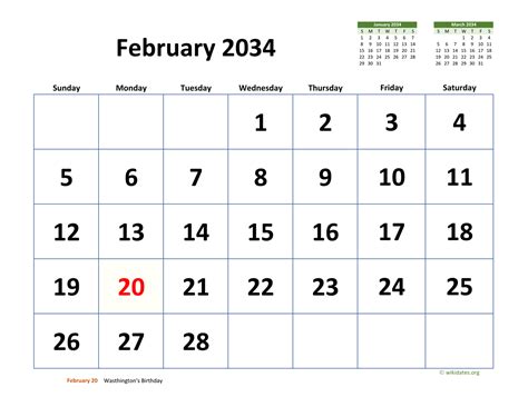 February 2034 Calendar With Extra Large Dates