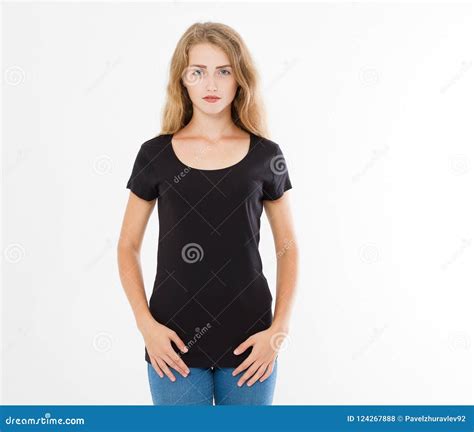 Front And Back Views Of Young Caucasian Girl Woman In Black Stylish T
