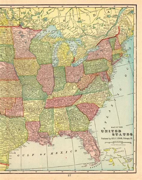 1898 Antique United States Map Of The Usa Map George Cram Etsy