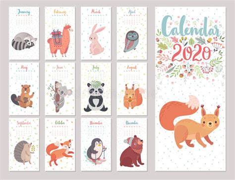 Calendar 2020 With Woodland Characters Cute Forest Animals Stock