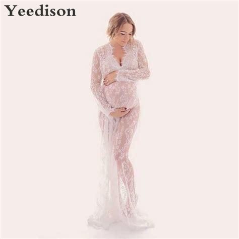 Long Sleeve Lace Maternity Photography Dresses Props See Through Deep V