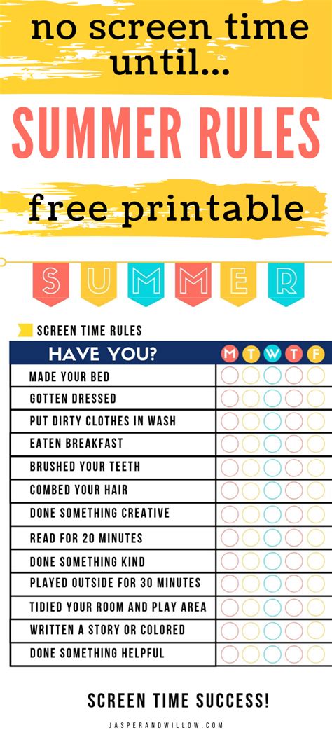 Summer Rules Checklist Template No Screen Time Until Printable