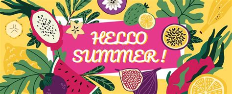 hello summer banner fun tropical fruit and food time greeting card or holiday picnic flyer