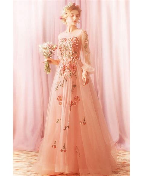 Dreamy Pink Tulle Flowers Prom Dress With Long Sleeves Embroidery