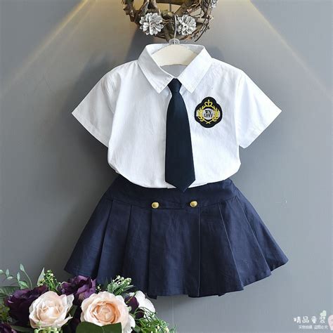 Baby Girls Summer Formal Clothing Sets Shirt Skirt Tie School Uniforms