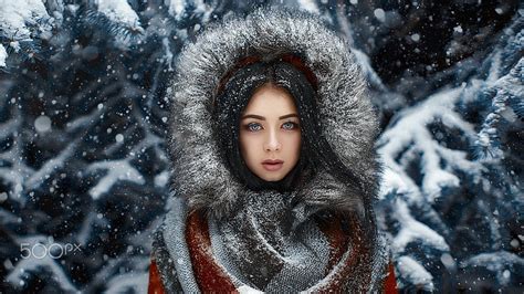 Women Portrait Snow Hoods Blue Eyes Red Coat 500px Black Hair Hd Wallpaper Wallpaperbetter