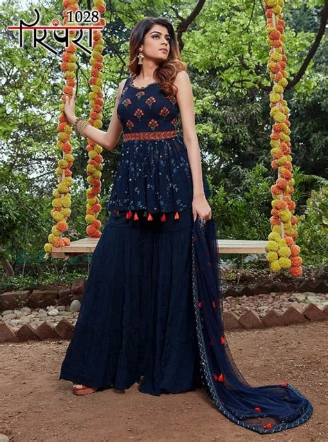 Navy Blue Georgette Embroidered Party Wear Sharara Suit Latest Kurti