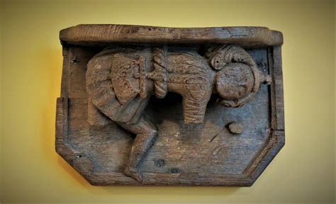 Medieval Crouching Man Oak Misericord 16th Century Archive