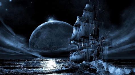 Обои фэнтези ночь Луна океан волны звезды Летучий Голландец на