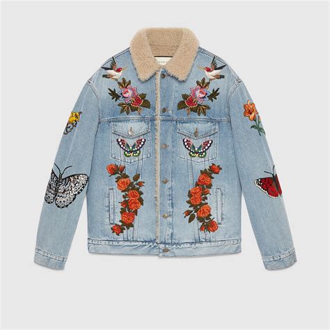 Embroidered Denim Jacket With Shearling Gucci Mens Denim 408623xr2404417