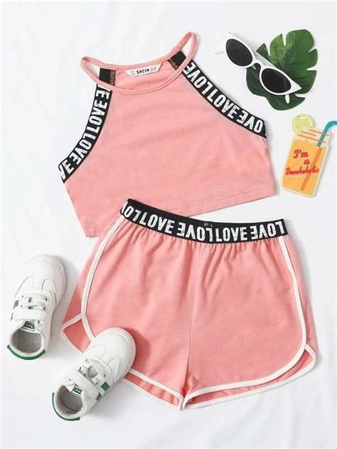 Shein Girls Contrast Letter Tape Halter Top And Dolphin Shorts Set