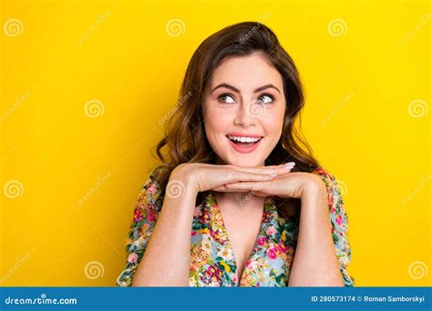 Photo Of Lovely Cheerful Lady Arms Under Chin Beaming Smile Look Empty