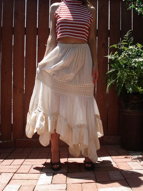 Off White Muslin Peasant Skirt Maxi Skirt Tiered W Crochet