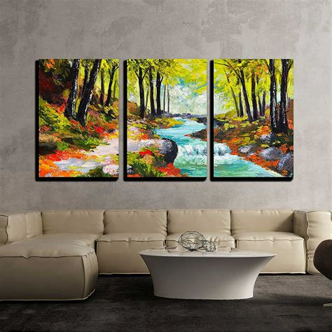 Wall26 3 Piece Canvas Wall Art Landscape Oil Painting River In