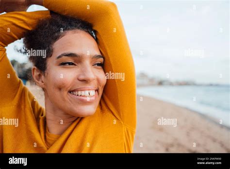 Happy Young Woman At Beach Stock Photo Alamy