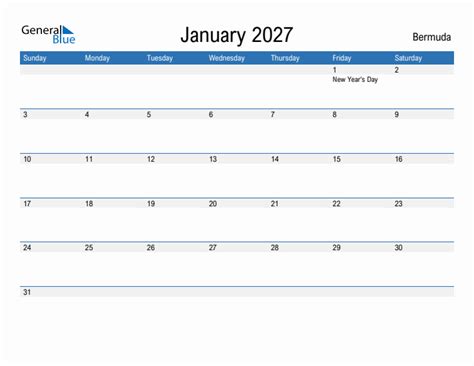 Editable January 2027 Calendar With Bermuda Holidays