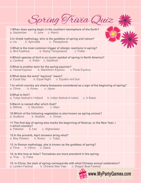 Free Printable Spring Trivia Quiz With Answer Key