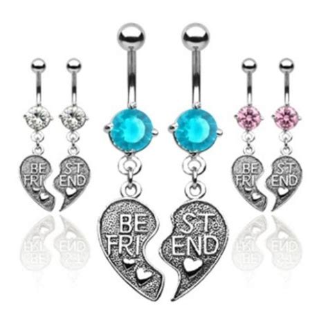 Pair Best Friend Heart Cz Belly Navel Ring Charm Bff Set Button