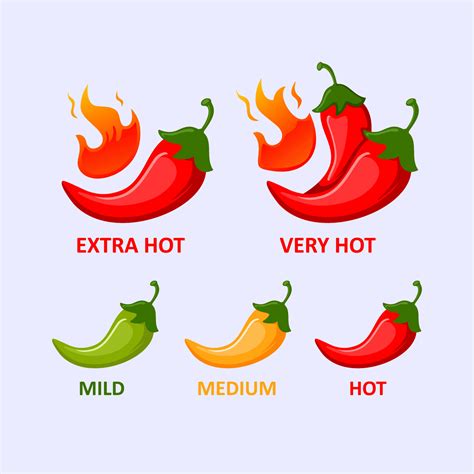 Spicy Hot Red Chili Pepper Icons Set With Flame And Rating Of Spicy