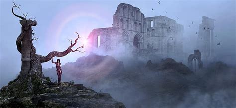 Fantasy Ruin Tree Fog Woman Mystical Mood Mysterious Castle