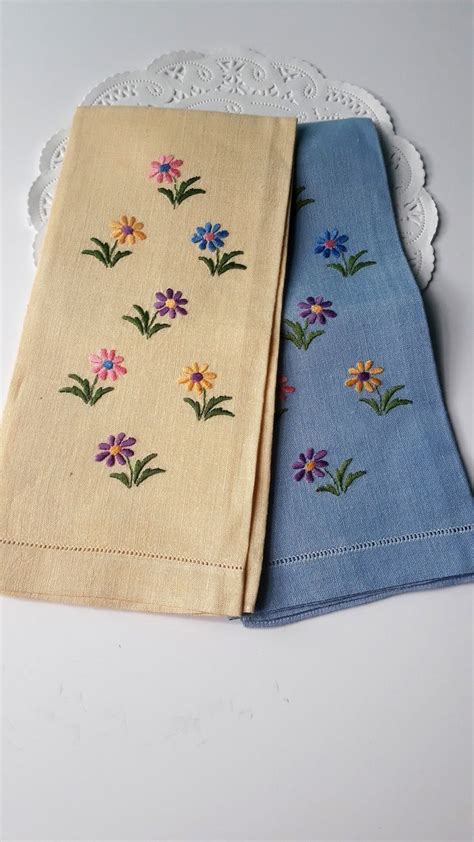 Vintage Tea Towels Floral Embroidered Blue Yellow Set Of Two Etsy