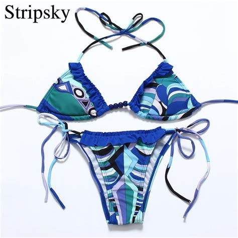 Stripsky Brand Printed Swimsuit Bandage Swimwear Triangle Top Bikini Set Sexy Brazilian Bathing