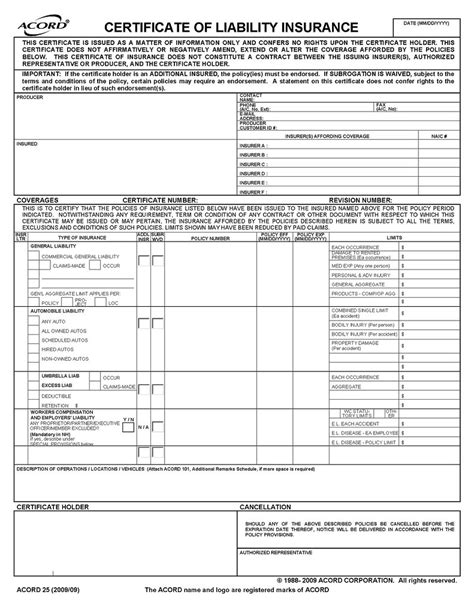 Fillable Certificate Of Insurance Form Accord 25 Printable Forms Free