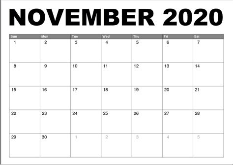 Blank Calendar Pages November 2020 Calendar Template 2020 Calendar