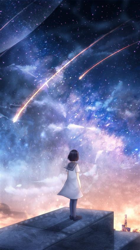 Starry Night Shooting Stars Sky Original Anime Girl 720x1280
