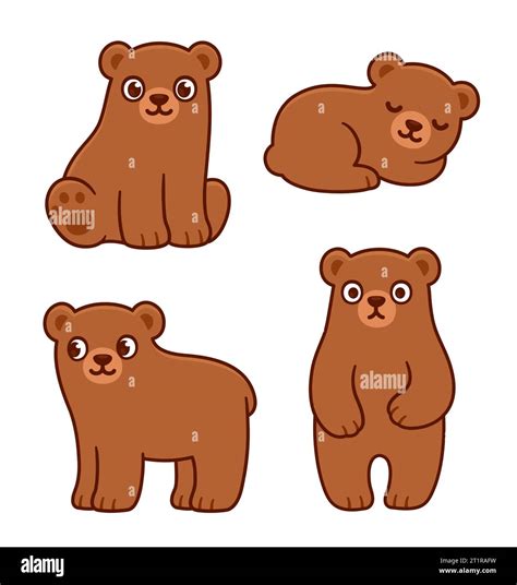 Cute Cartoon Brown Bear Cubs Drawing Set Simple Vector Clip Art