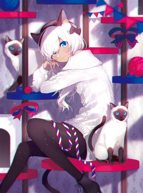 White Haired Catgirl Original R Awwnime