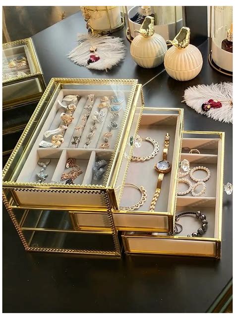 Metal Glass Jewelry Cosmetics Storage Box With Cream Velvet Tray 3 Layers Jewelry Organizer